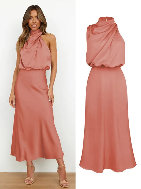 Modern elegant midi dress for women, sleek halter neck and spaghetti strap design.