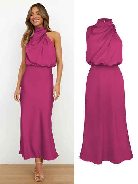 Simple yet elegant sleeveless midi dress, women's halter neck with a high-waist.