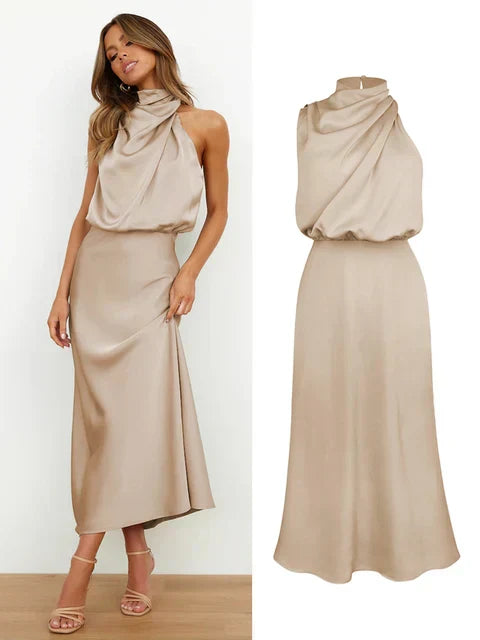 Women's truly elegant halter neck midi dress, ideal for sophisticated events & parties.
