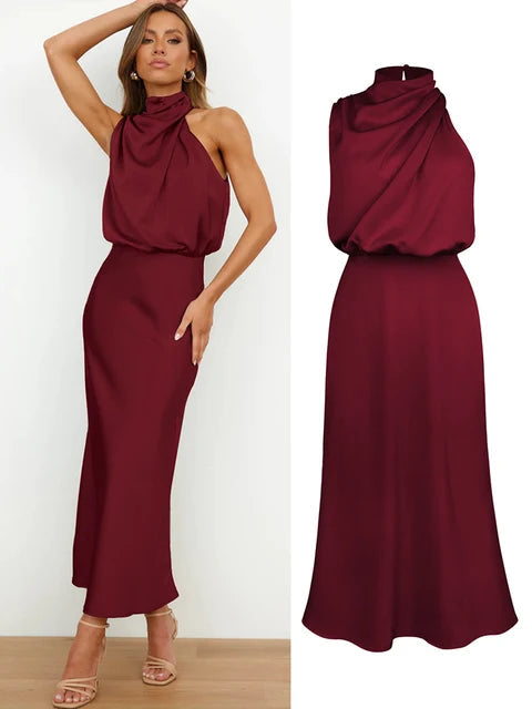 Halter neck spaghetti strap midi dress for women, high-waist, side slit, perfect for formal occasions.