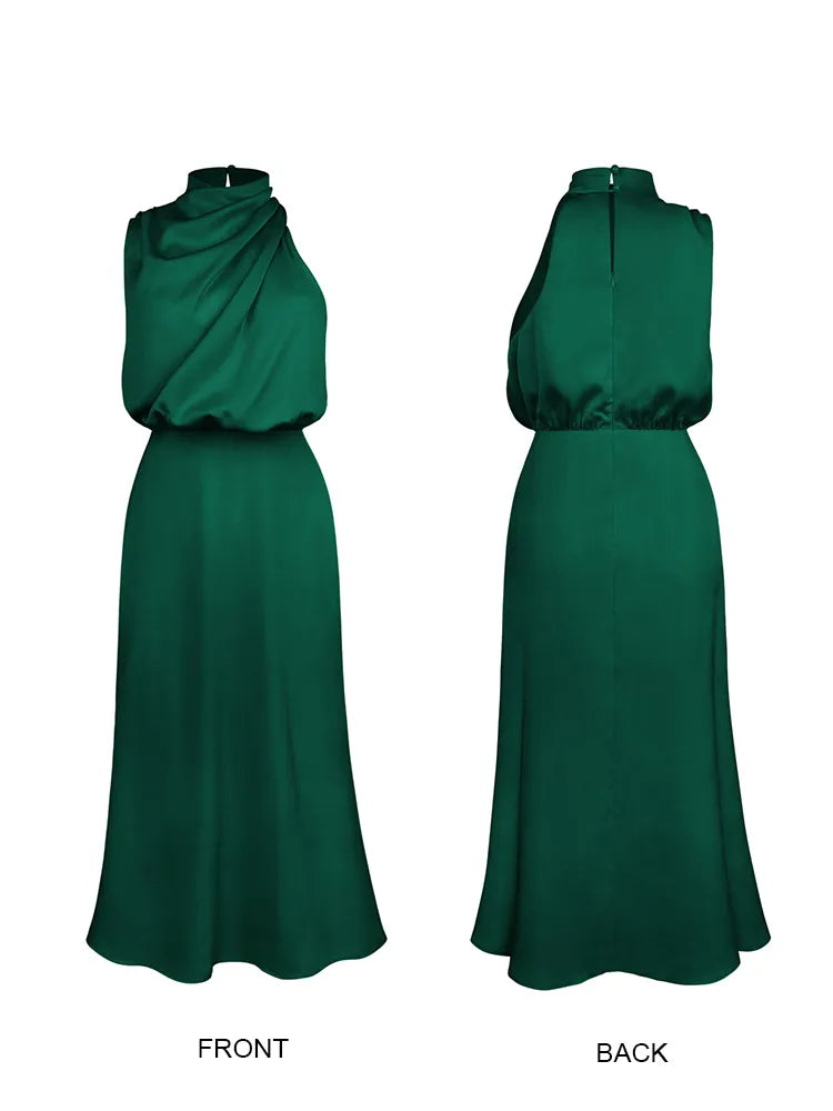 Beautiful evening midi dress for women with spaghetti straps & halter neck, suitable for formal gatherings.