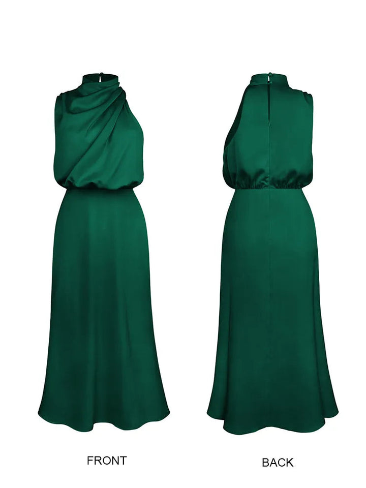 Beautiful evening midi dress for women with spaghetti straps & halter neck, suitable for formal gatherings.