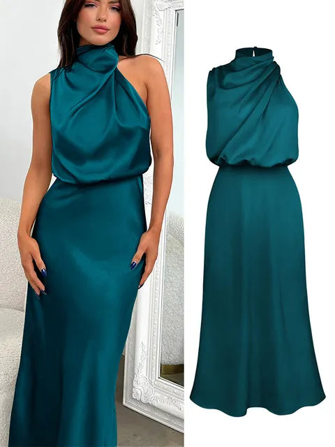 Special occasion women's midi dress, elegant halter neck style, perfect for celebrations.