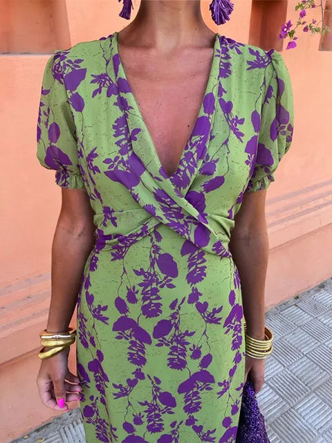 Lucinda Boho Floral Pleated V-Neck Dress