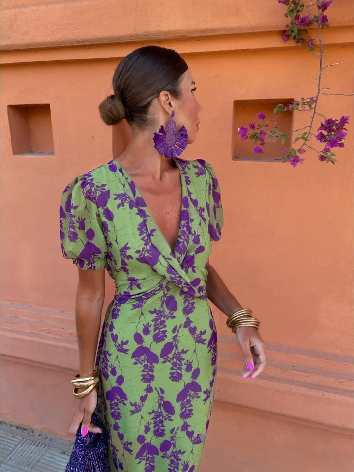 Lucinda Boho Floral Pleated V-Neck Dress