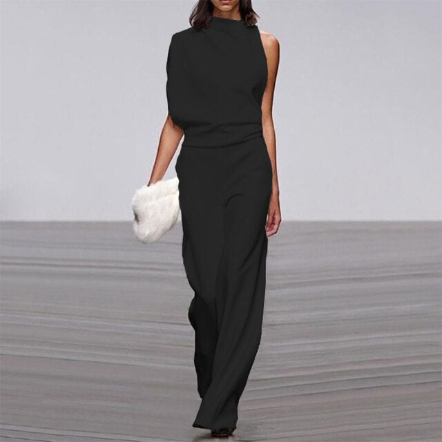 Women's Sleeveless Mock Neck Wide Leg Jumpsuit