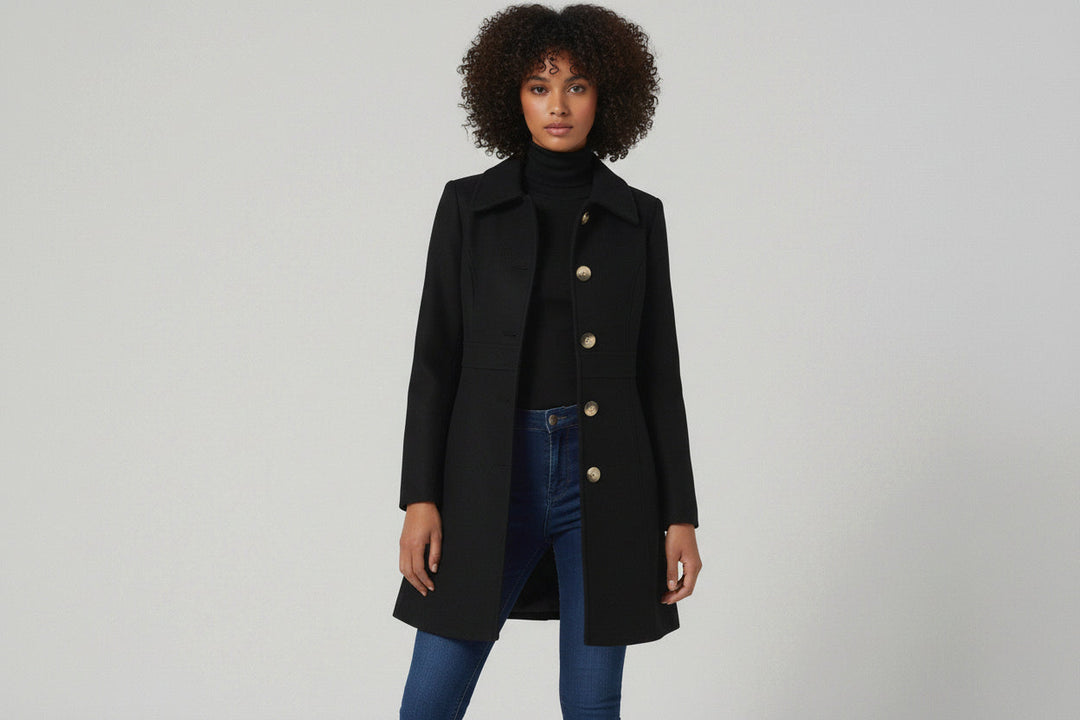 Elegant A-line women's coat with button closure, perfect for classic fall & winter fashion.
