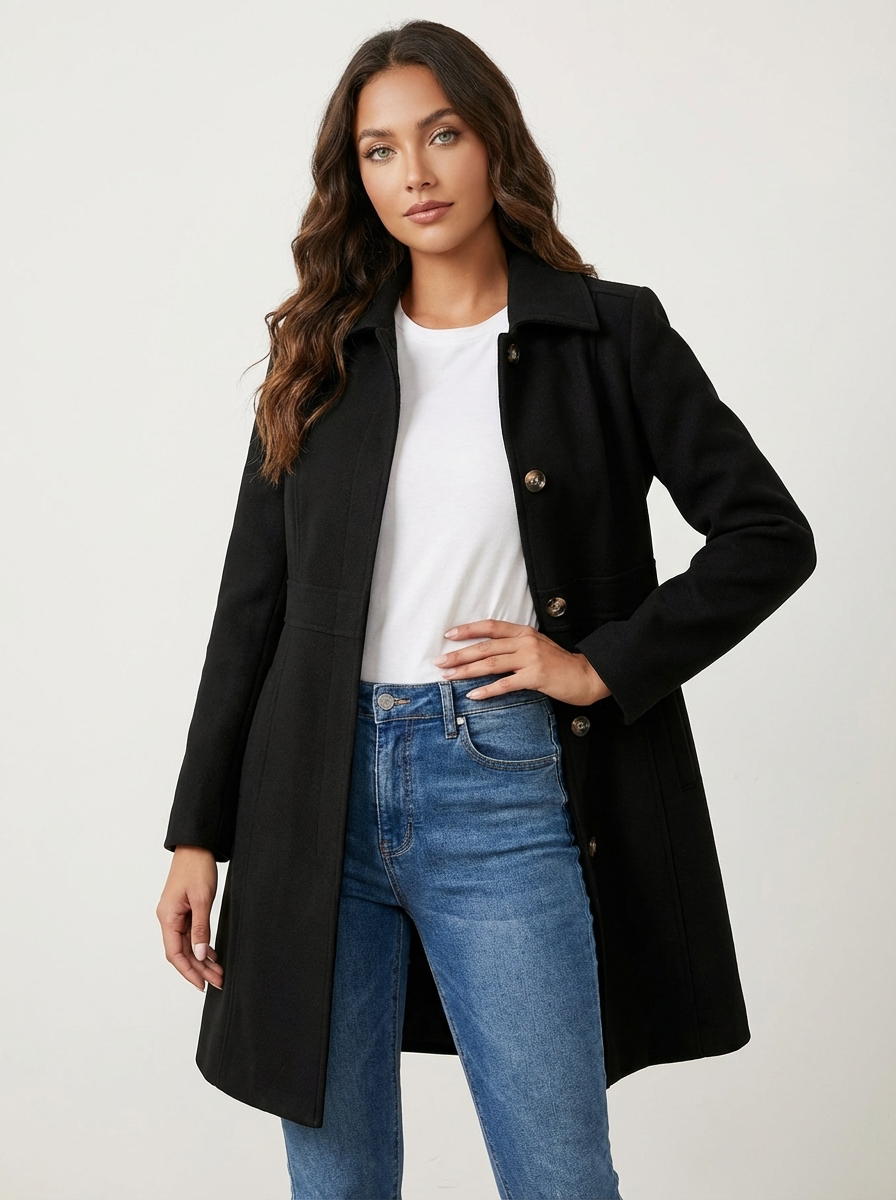 Women's A-line button-front coat. Elegant long outerwear, perfect for fall/winter chic fashion.