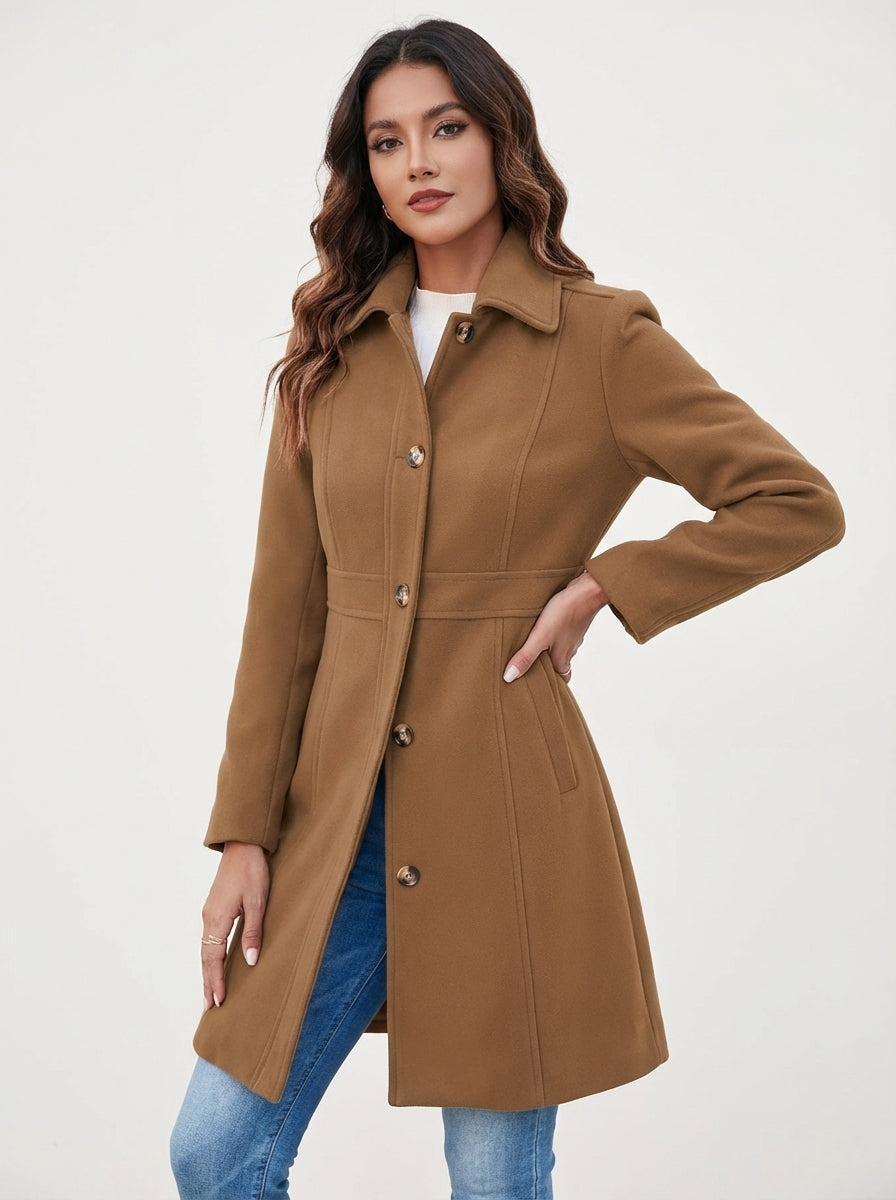 Warm A-line women's long coat with elegant button closure, essential fall & winter chic outerwear.