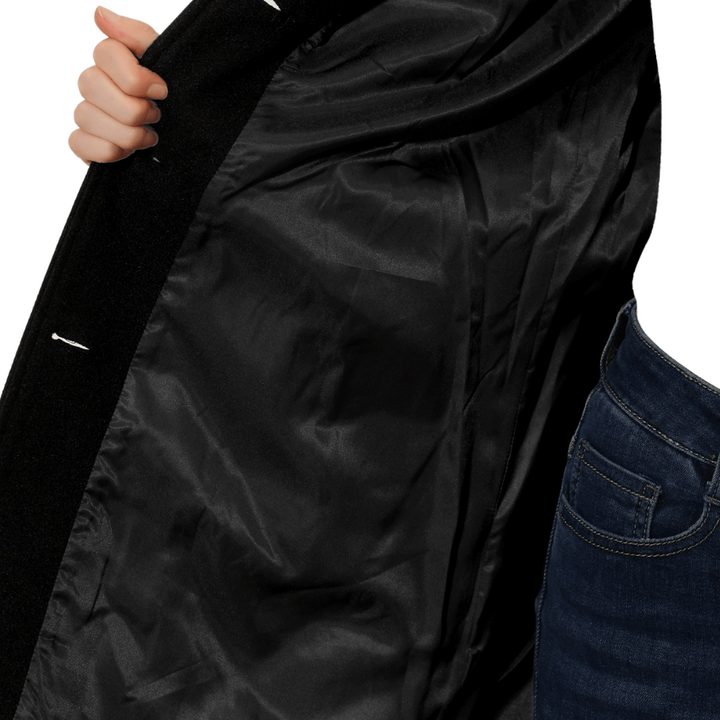 Classic A-line women's coat with prominent button closure, offering elegant style for winter fashion.