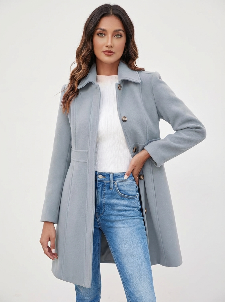 Timeless A-line women's winter coat, elegant button closure, essential for chic fall outerwear.
