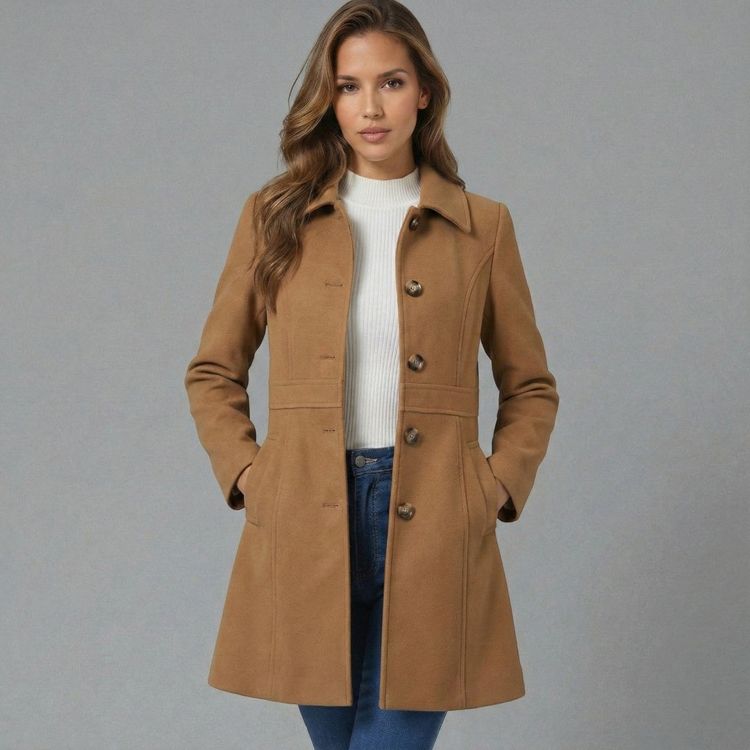 Stylish A-line women's coat featuring a sleek button closure, perfect elegant outerwear for fall/winter.