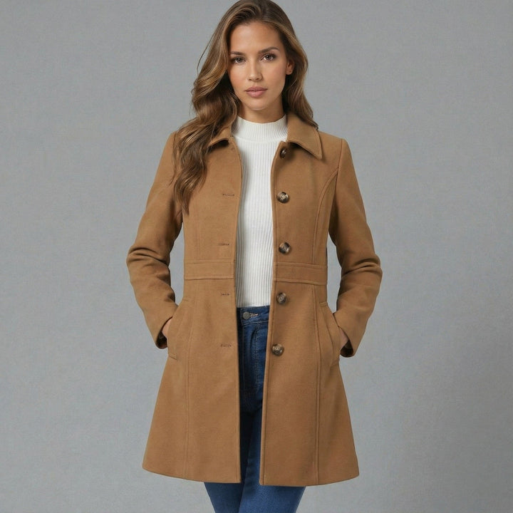 Stylish A-line women's coat featuring a sleek button closure, perfect elegant outerwear for fall/winter.