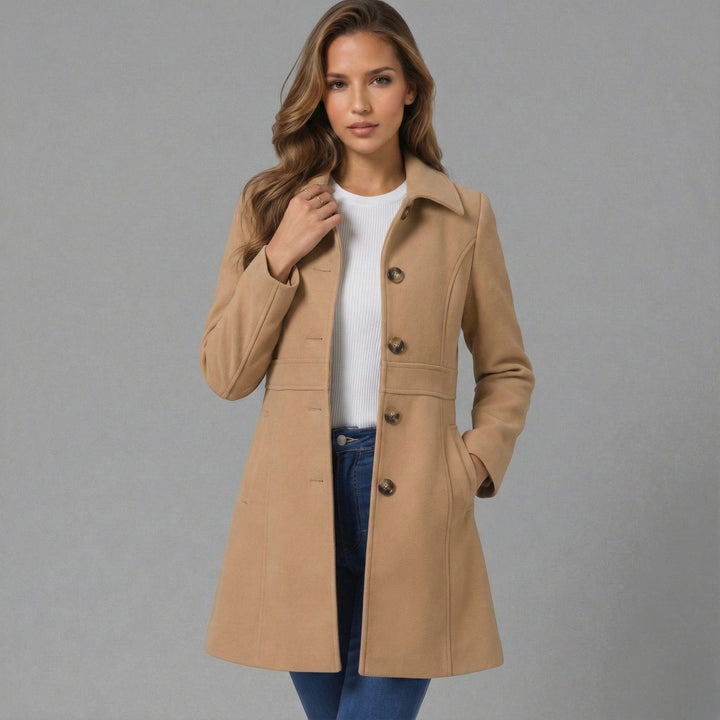 Sophisticated A-line women's coat, classic button closure. Ideal elegant outerwear for fall/winter fashion.
