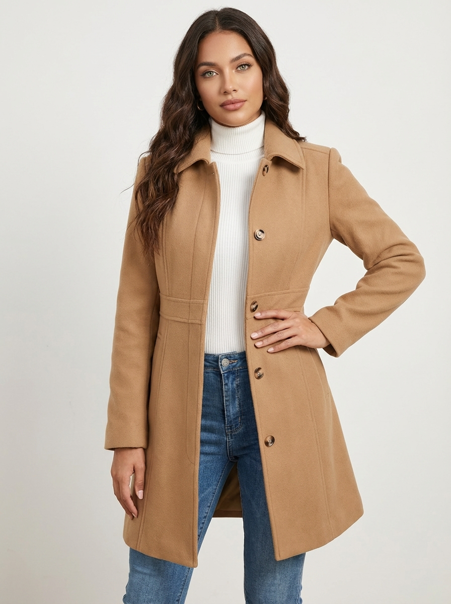 Must-have A-line women's long coat, elegant button closure. Perfect fall & winter classic outerwear.