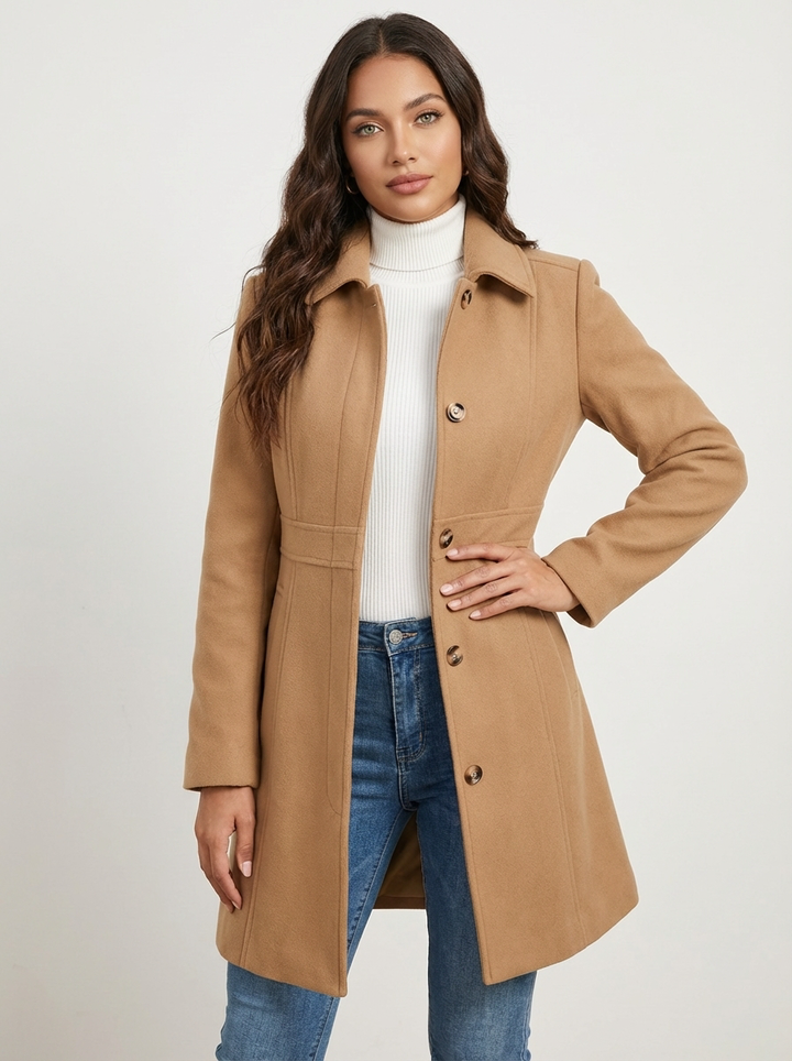 Must-have A-line women's long coat, elegant button closure. Perfect fall & winter classic outerwear.