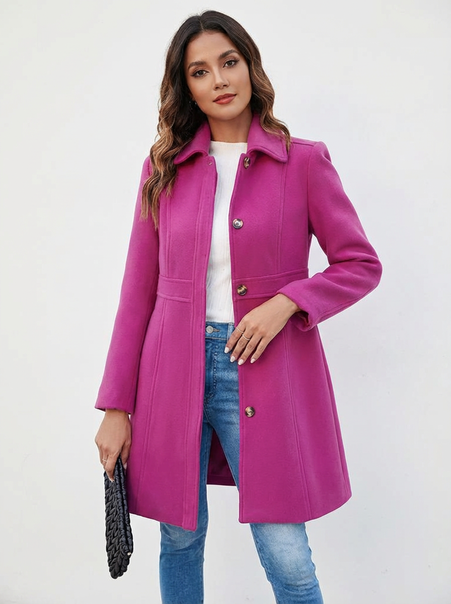 Woman modeling an elegant A-line long coat with button closure, perfect for chic fall/winter style.