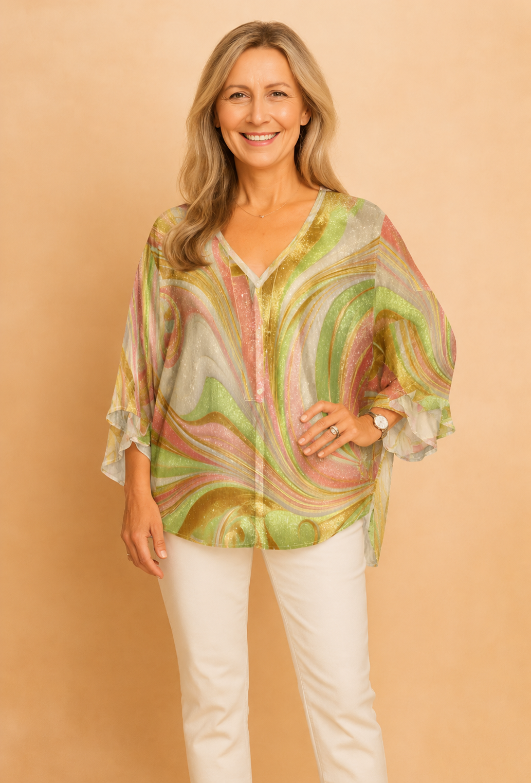 Women's casual Aurora airy button-up blouse. Features a unique artistic print, perfect for elegant summer wear.