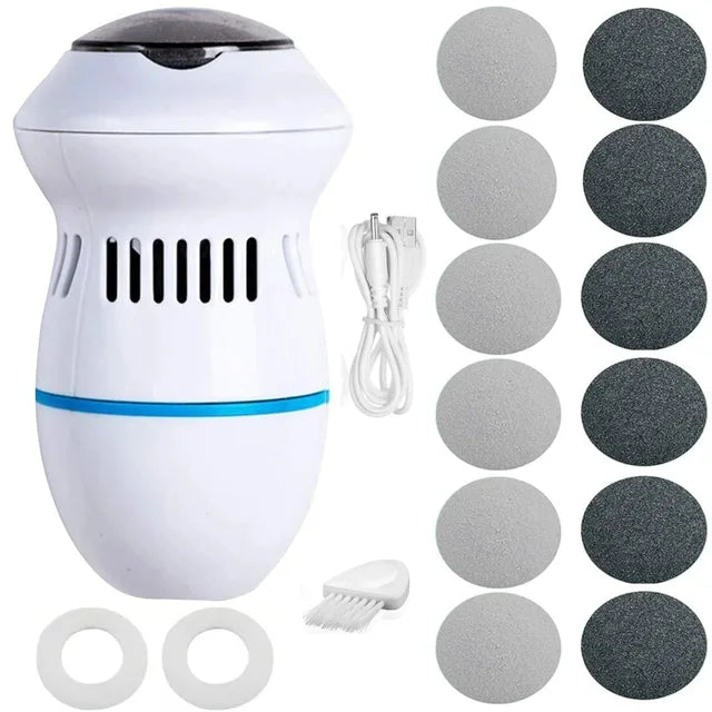 Portable electric foot file for professional-grade home pedicure, tackling tough calluses & dry skin.