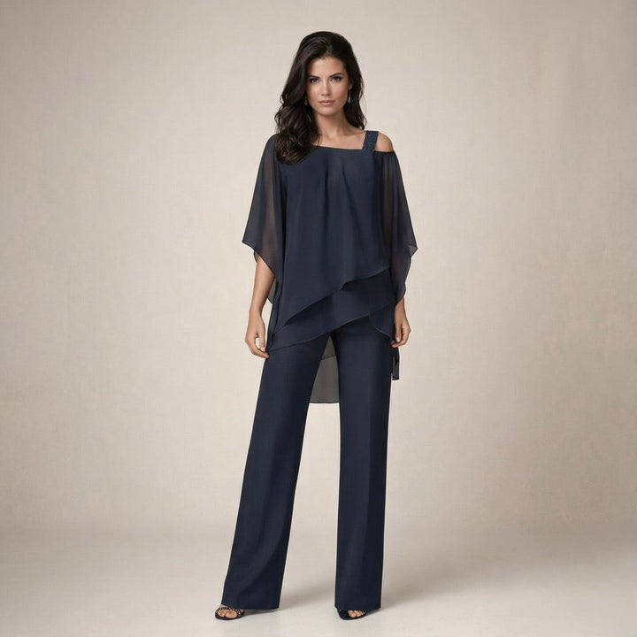 Stylish women's two-piece set: off-shoulder top & wide-leg pants. Casual chic outfit for summer and vacation.