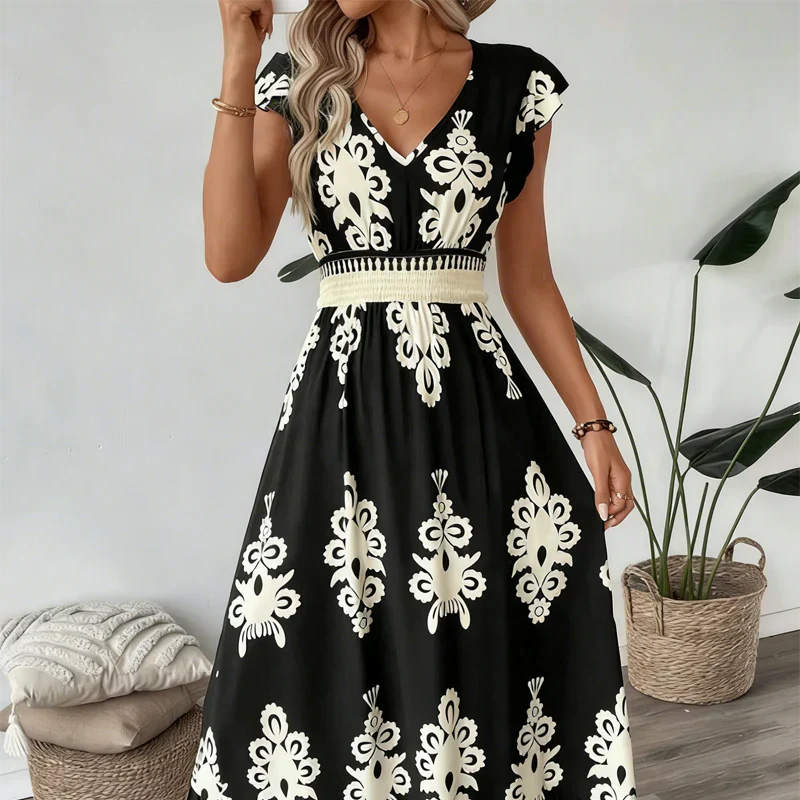 Elegant women's graphic print A-line midi dress, a sophisticated day-to-night garment.