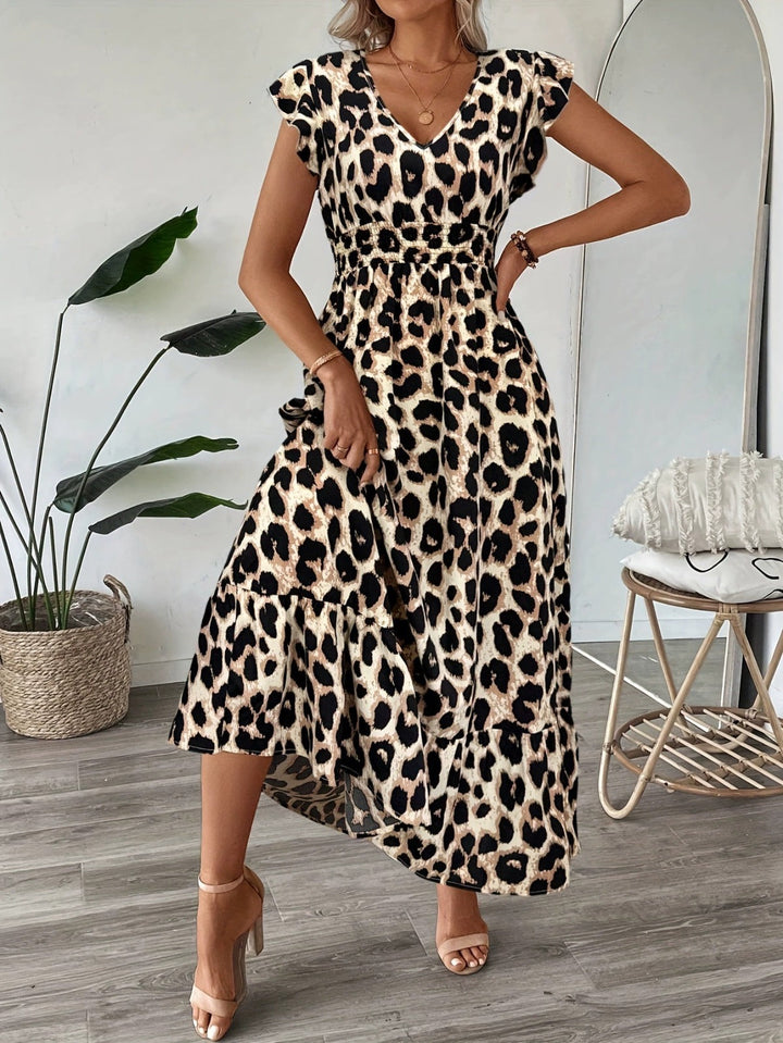 Chic women's graphic print A-line midi dress, sophisticated and versatile for day to night.