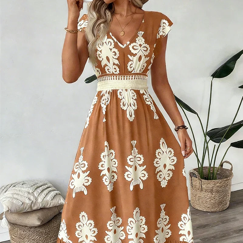 Elegant women's A-line midi dress with a captivating graphic print; a flattering event dress.
