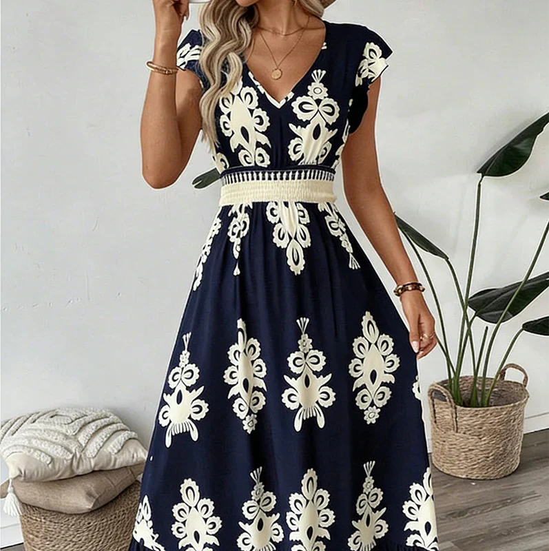 Versatile women's graphic print A-line midi dress, a flattering day-to-night elegant option.