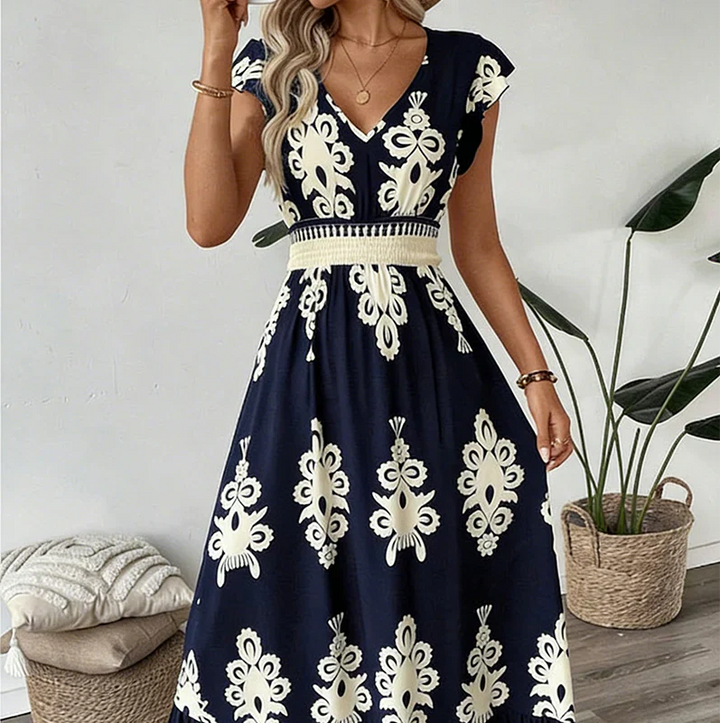 Versatile women's graphic print A-line midi dress, a flattering day-to-night elegant option.