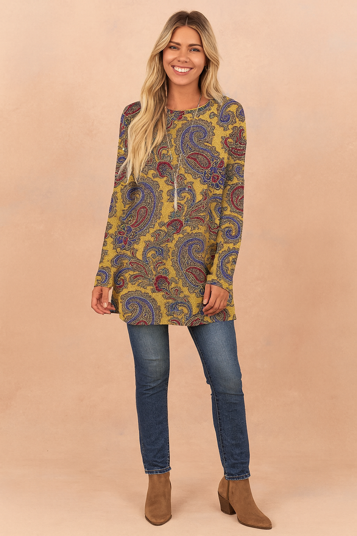 Vibrant paisley print sweater for women. Stylish long-sleeve knitwear, offering unique fashion & effortless casual chic.