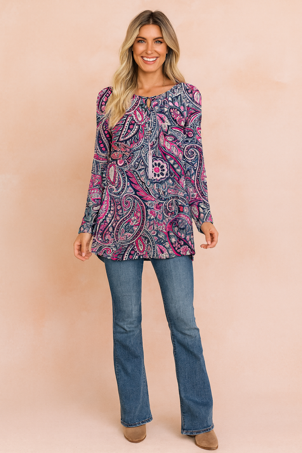 Elegant women's paisley print sweater. A vibrant, colorful long-sleeve top, perfect for a unique and stylish fall outfit.