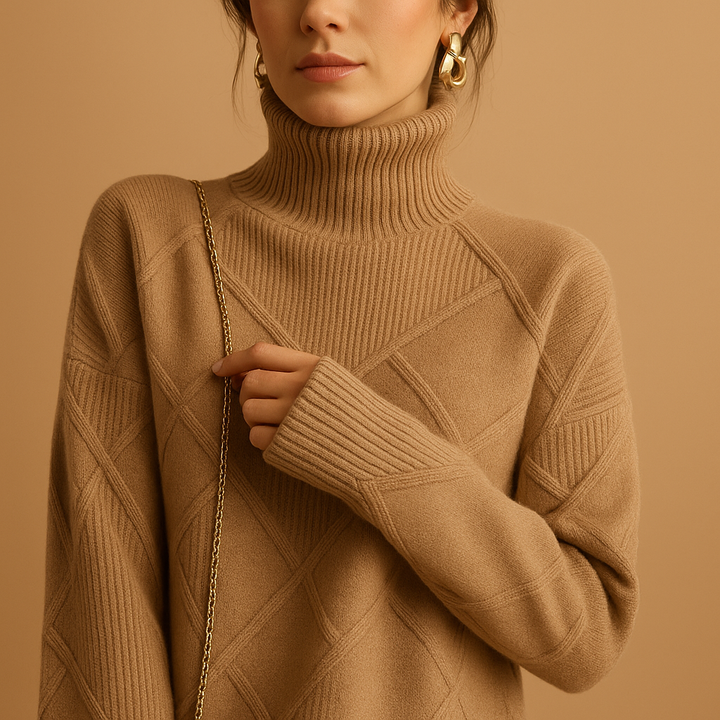 Soft knit women's turtleneck sweater with a relaxed fit, ideal for casual and elegant layering.
