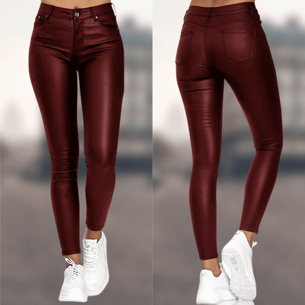 Elegant women's red slim-fit pants, designed for comfort & modern style. Perfect versatile tailored jeans.
