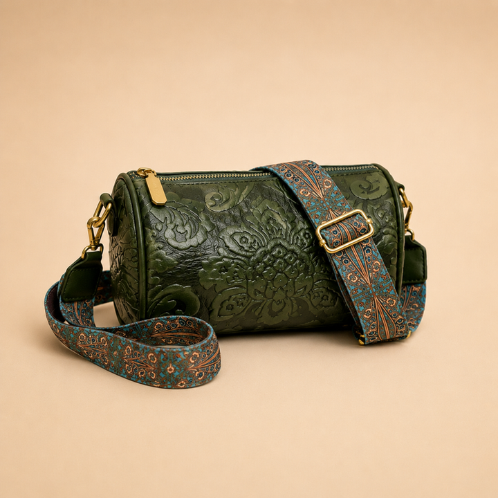 Elegant women's vintage pattern crossbody bag with green and brown hues, featuring an antique design.