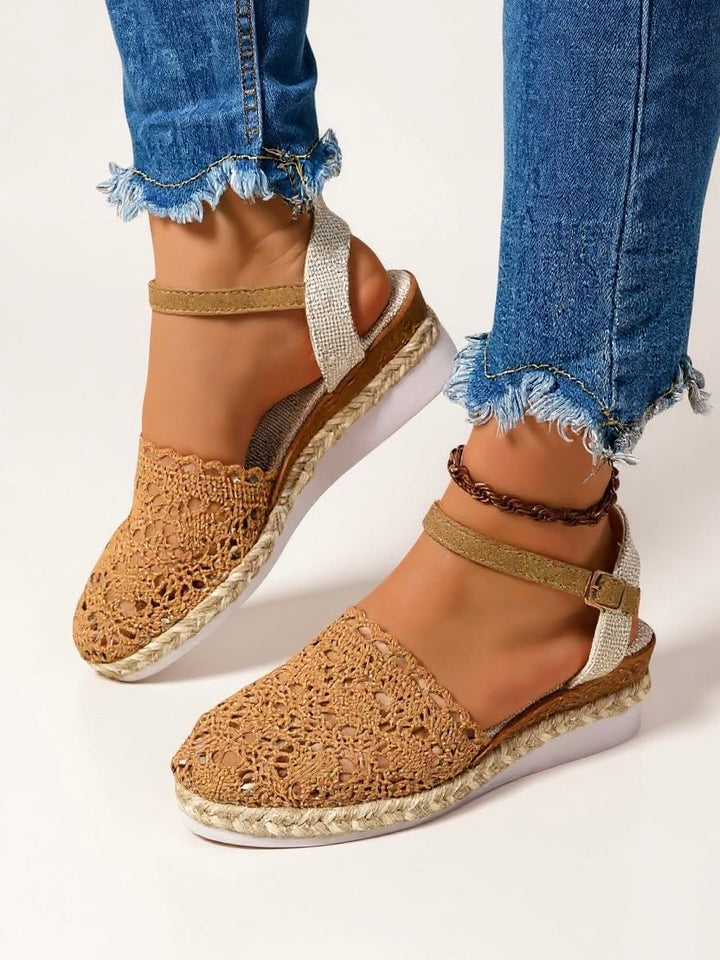Women's boho crochet espadrille sandals, comfort anklestrap flatform for summer.