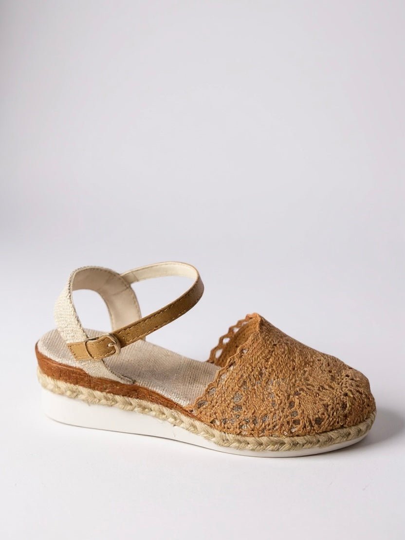 Open-toe women's comfort sandals featuring boho crochet and a stylish espadrille anklestrap.