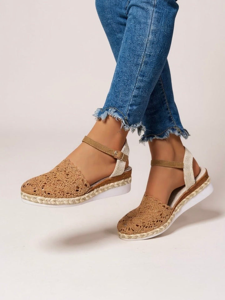 Stylish women's espadrille flatform sandals with woven crochet upper and comfort sole for summer.