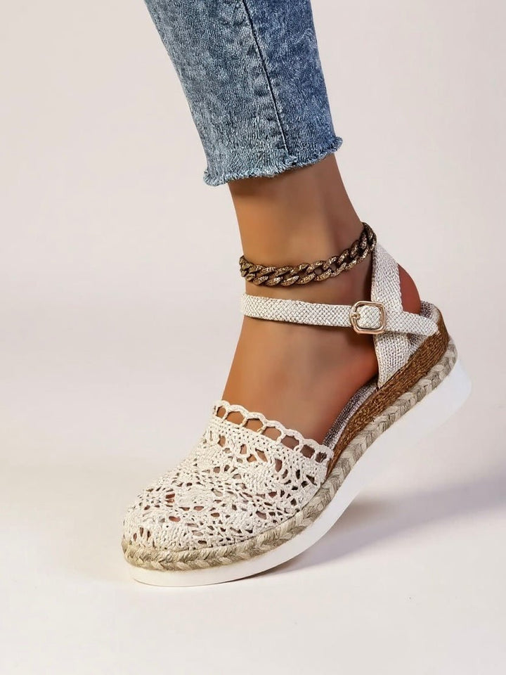 Women's summer comfort espadrille sandals, open-toe flatform with chic boho crochet anklestrap.