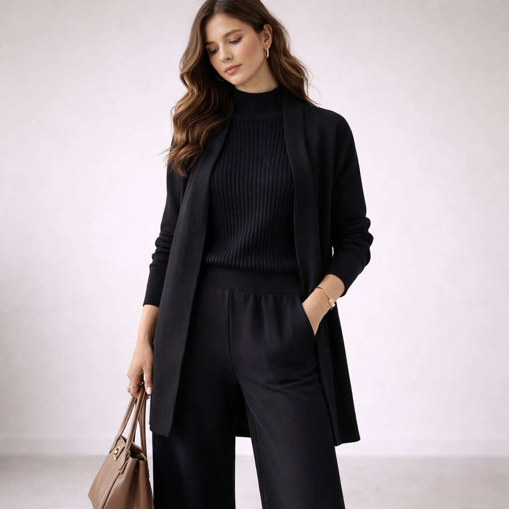 Cozy three-piece knit lounge set for women featuring a mock neck top, wide-leg pants, and open front cardigan.