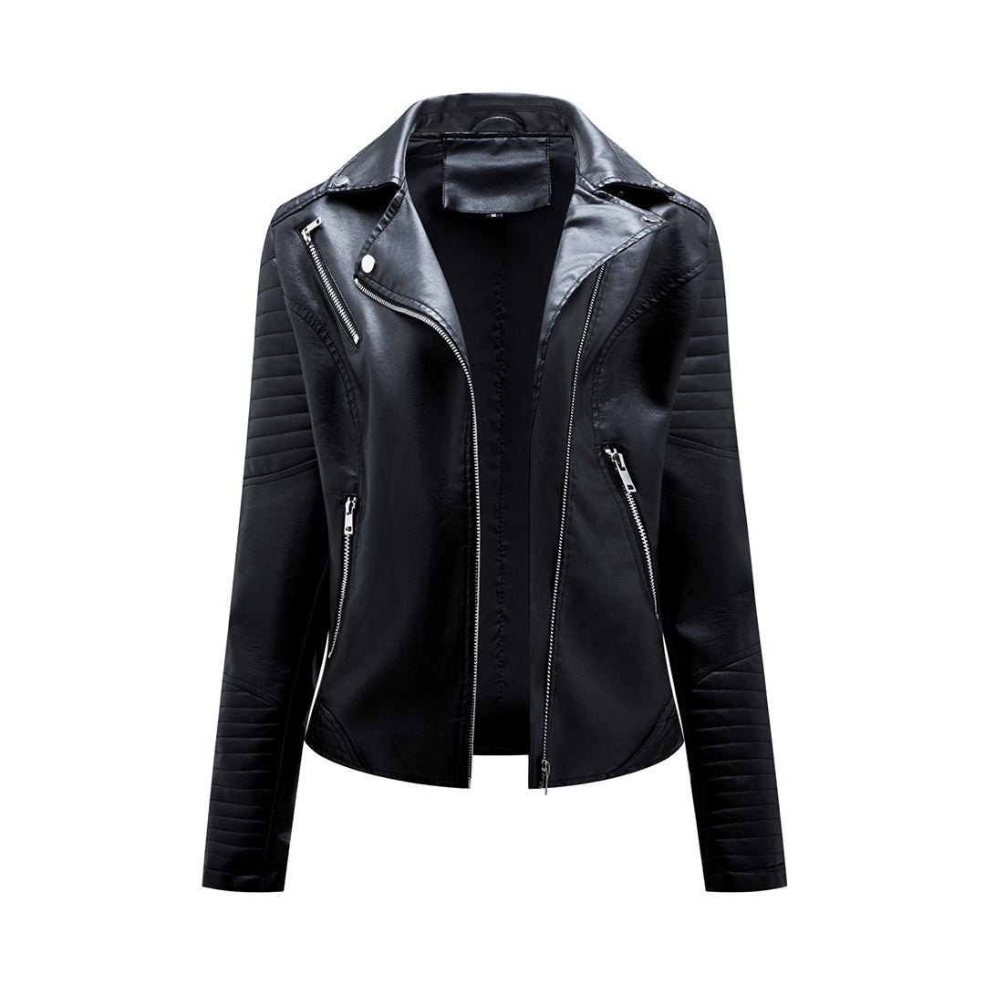 Women's classic black moto jacket with asymmetrical zipper & lapel collar, perfect for versatile chic style.