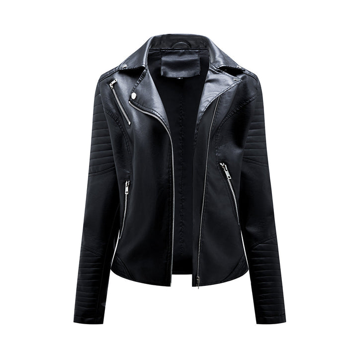 Women's classic black moto jacket with asymmetrical zipper & lapel collar, perfect for versatile chic style.