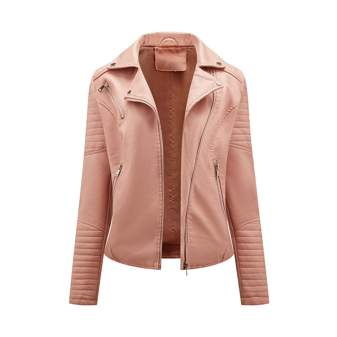 Trendy women's moto jacket, a modern classic outerwear piece, ideal for both casual and evening outfits.
