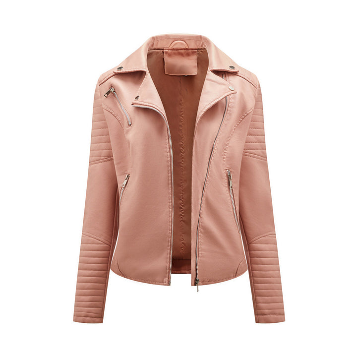 Trendy women's moto jacket, a modern classic outerwear piece, ideal for both casual and evening outfits.