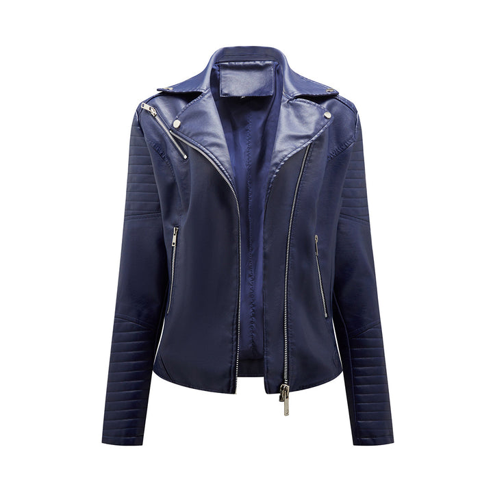 Chic women's moto jacket featuring a stylish asymmetrical zipper and functional pockets for a trendy look.