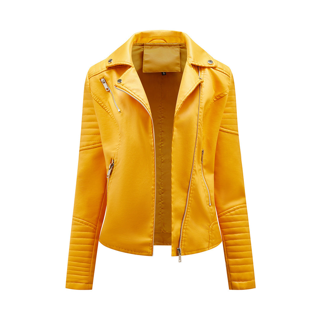 Versatile women's classic moto jacket with a timeless design, offering a chic and trendy modern silhouette.