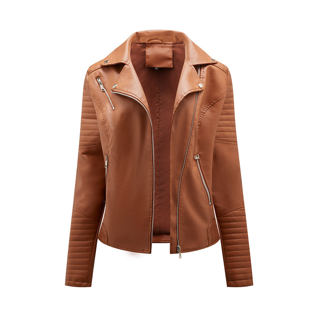 Women's stylish moto jacket, an essential classic outerwear with lapel collar, great for diverse fashion outfits.