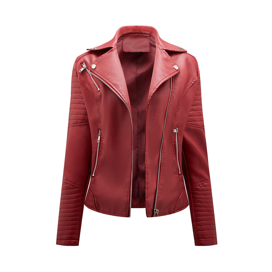 Women's classic moto jacket with a modern silhouette, featuring an asymmetrical zipper for a chic and trendy outerwear statement.