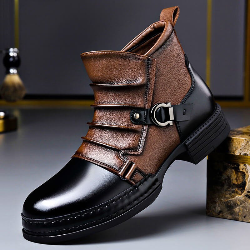 Cognac oak brown men's handmade leather ankle boots, perfect for casual or dressy timeless style.