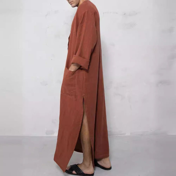 Men's summer fashion thobe. Lightweight linen look jubba, perfect for relaxed wear.