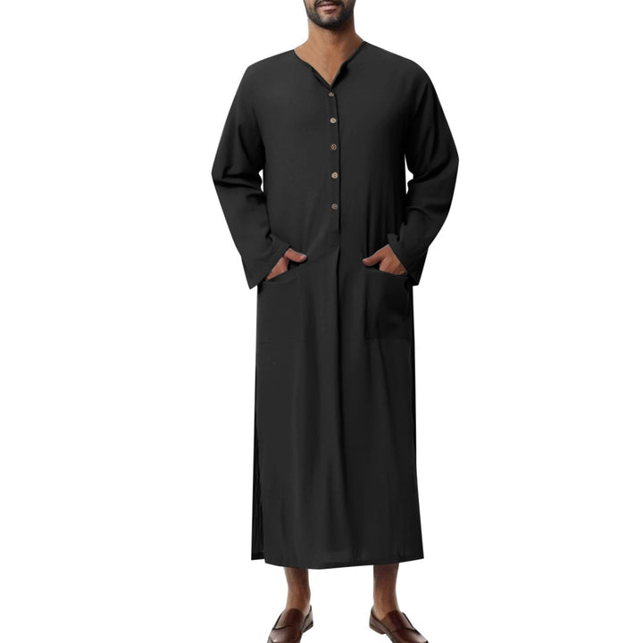 Casual men's clothing: relaxed fit linen jubba with a stylish button placket.
